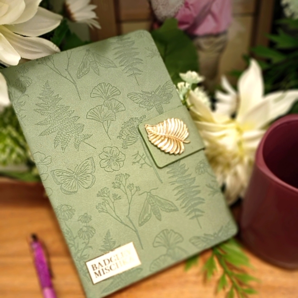 Badgley Mischka Green Leaf Journal w/ Gold Clasp – Botanical Lined Notebook